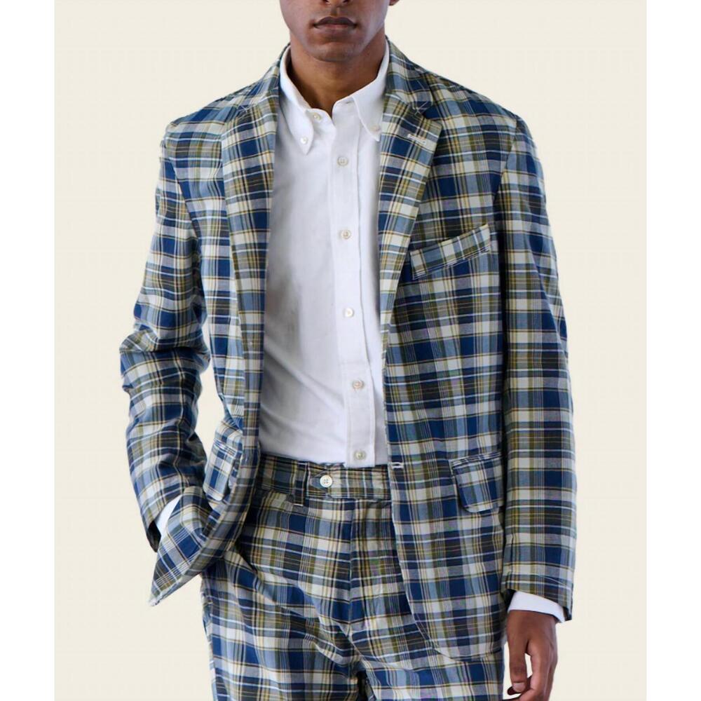 NEW ORIGINAL MADRAS TRADING COMPANY men's two button summer jacket in navy/tan/n